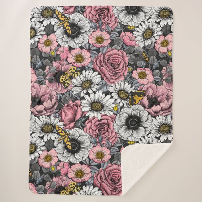 Moths on flower mix in pink and gray sherpa blanket (Front)