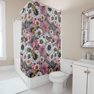 Moths on flower mix in pink and gray shower curtain