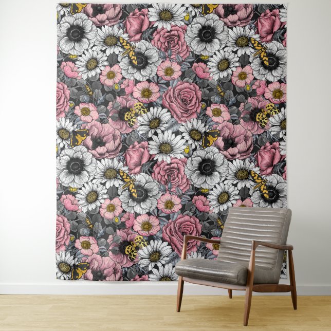 Moths on flower mix in pink and gray tapestry (In Situ)
