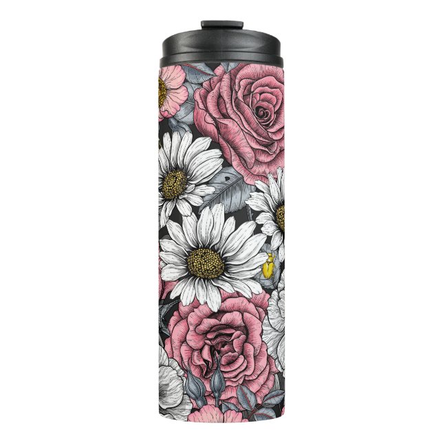 Moths on flower mix in pink and gray thermal tumbler (Front)