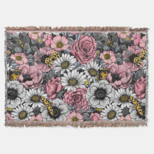 Moths on flower mix in pink and gray throw blanket