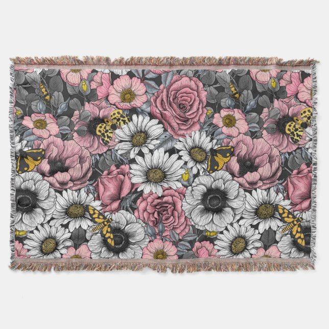 Moths on flower mix in pink and gray throw blanket (Front)