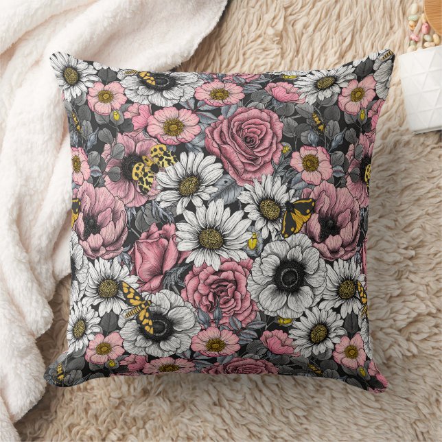 Moths on flower mix in pink and gray throw pillow (Blanket)