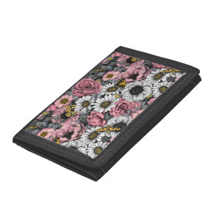 Moths on flower mix in pink and gray trifold wallet