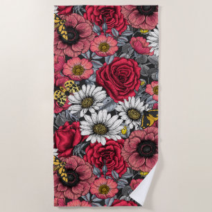 Moths on flower mix in red and gray beach towel