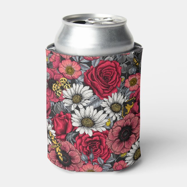 Moths on flower mix in red and gray can cooler (Can Front)
