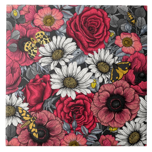 Moths on flower mix in red and gray ceramic tile (Front)
