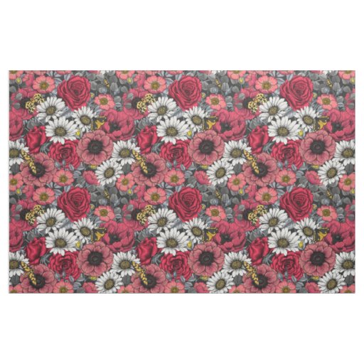 Moths on flower mix in red and gray fabric