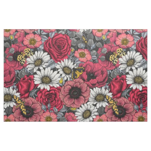Moths on flower mix in red and gray fabric