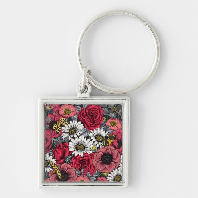 Moths on flower mix in red and gray keychain (Front)