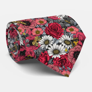 Moths on flower mix in red and gray neck tie