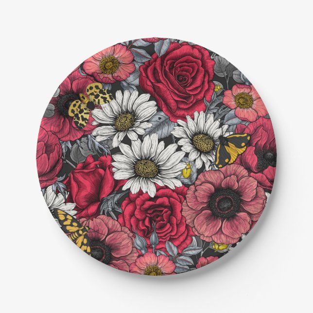 Moths on flower mix in red and gray paper plates (Front)
