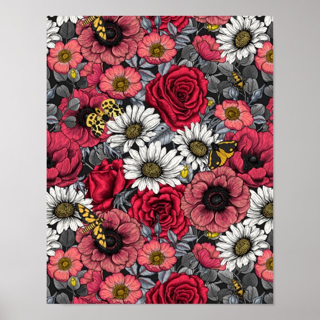 Moths on flower mix in red and gray poster (Front)