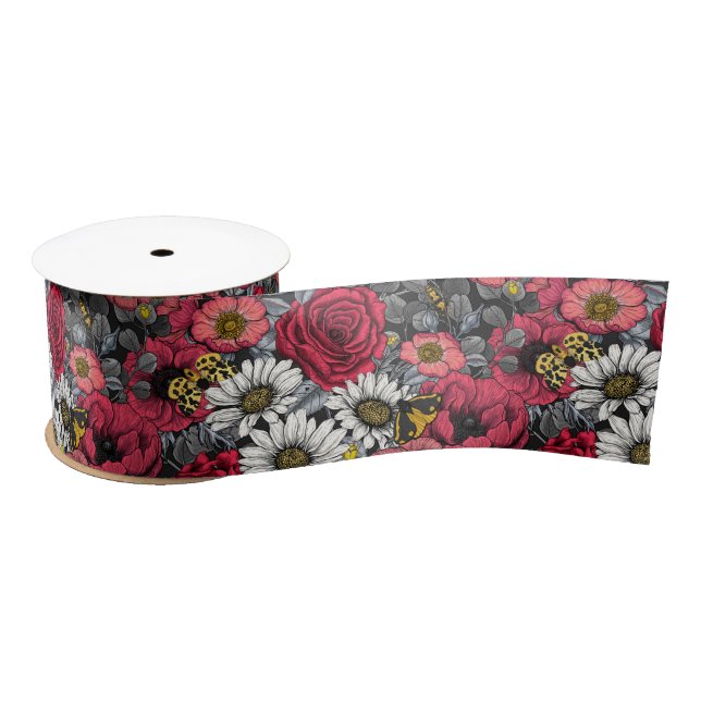 Moths on flower mix in red and gray satin ribbon (Spool)