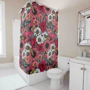 Moths on flower mix in red and gray shower curtain