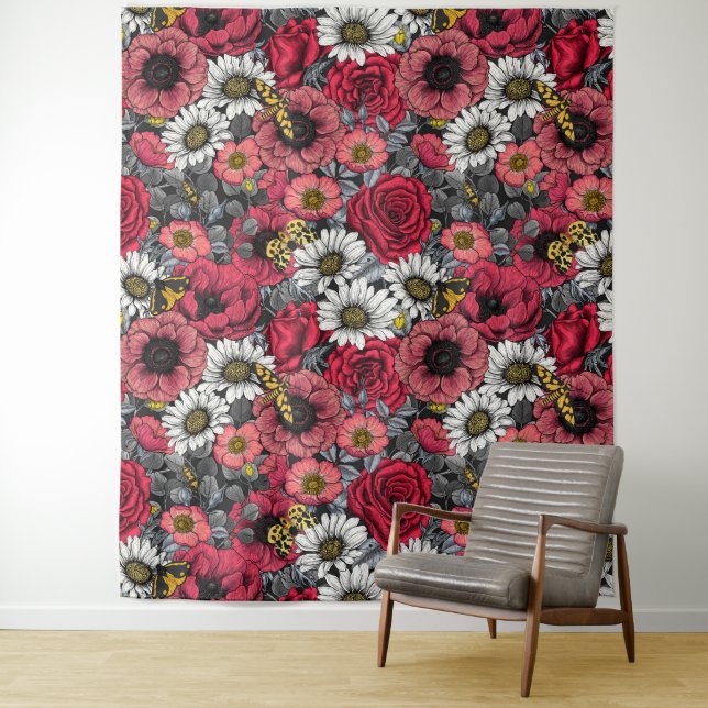 Moths on flower mix in red and gray tapestry (In Situ)
