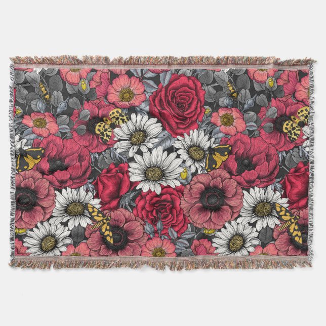 Moths on flower mix in red and gray throw blanket (Front)