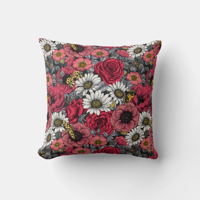 Moths on flower mix in red and gray throw pillow (Front)