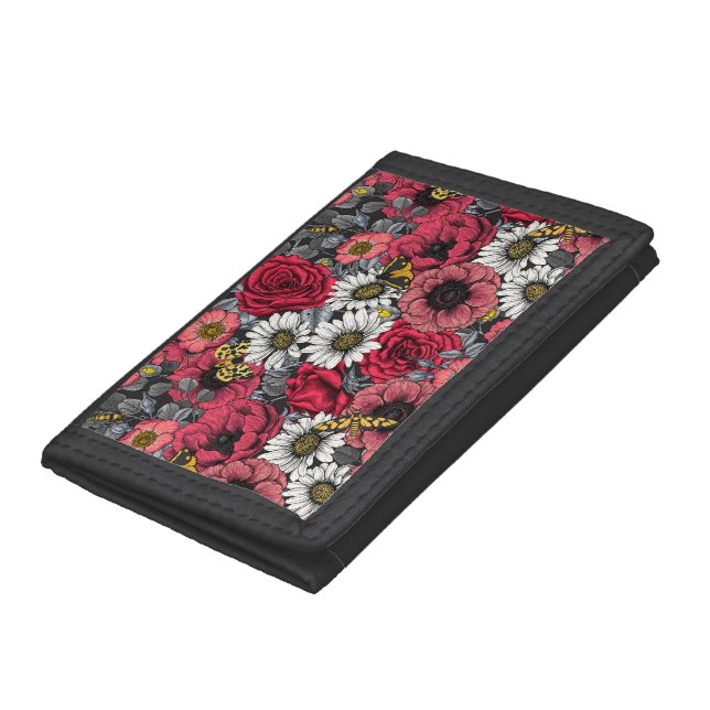 Moths on flower mix in red and gray trifold wallet (Bottom)