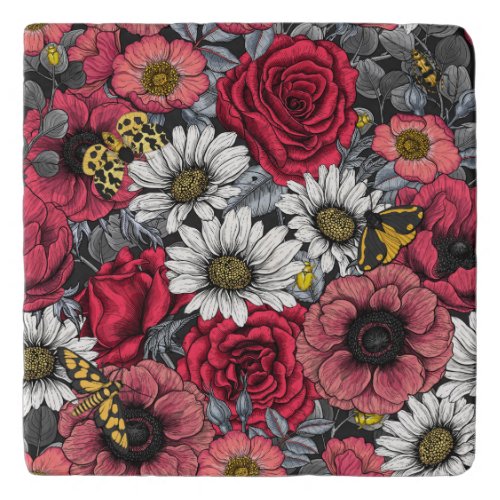 Moths on flower mix in red and gray trivet