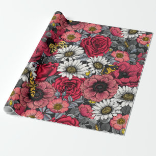 Moths on flower mix in red and gray wrapping paper