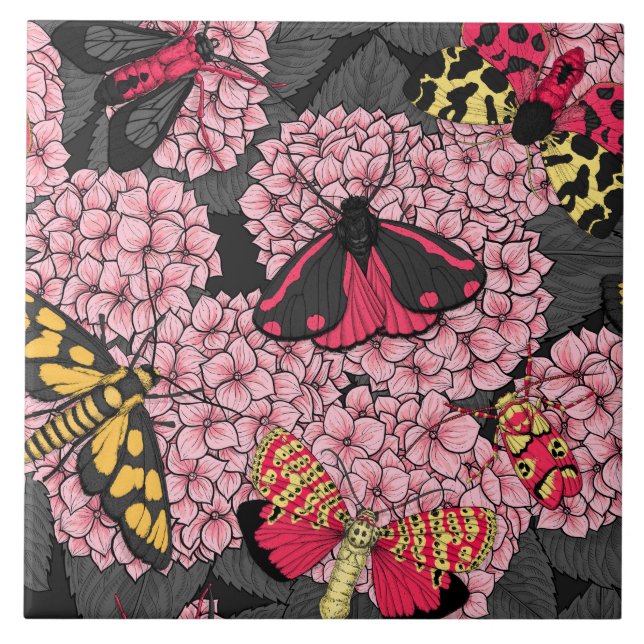 Moths on pink hydrangea ceramic tile (Front)