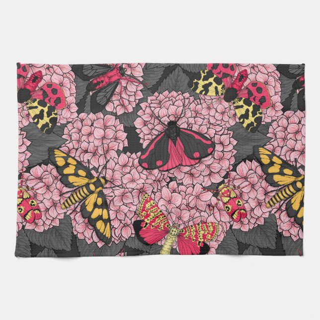 Moths on pink hydrangea kitchen towel (Horizontal)