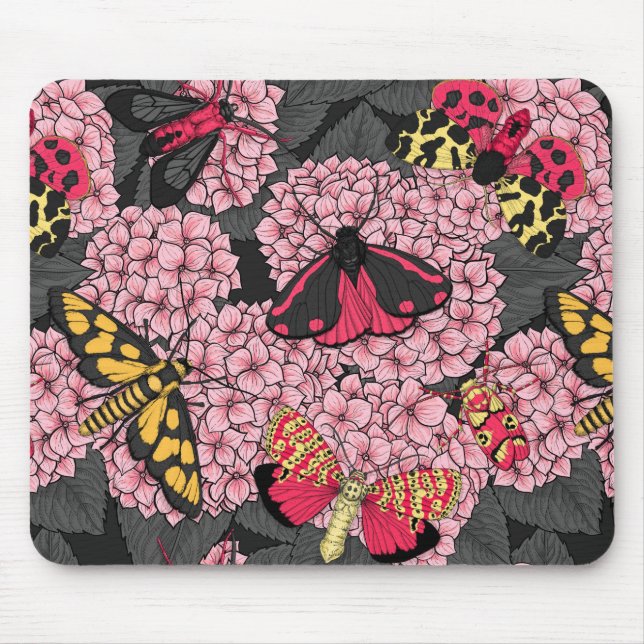 Moths on pink hydrangea mouse pad (Front)
