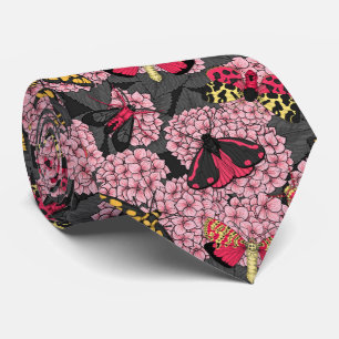 Moths on pink hydrangea neck tie