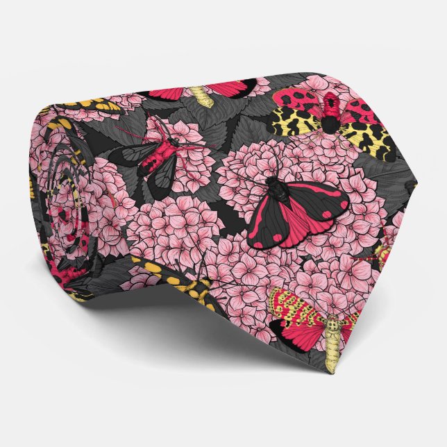 Moths on pink hydrangea neck tie (Rolled)