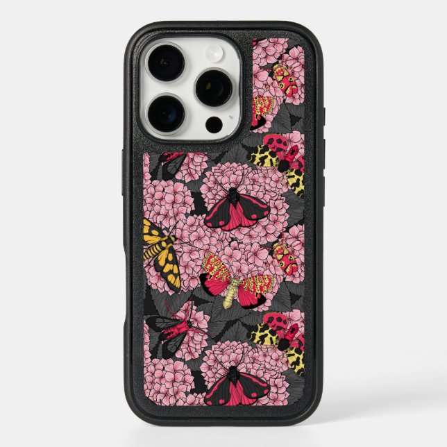 Moths on pink hydrangea otterbox iPhone case (Back)