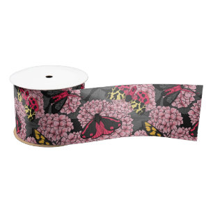 Moths on pink hydrangea satin ribbon