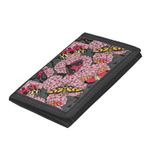 Moths on pink hydrangea tri-fold wallet