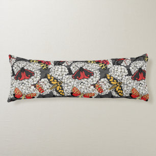 Moths on white hydrangea body pillow
