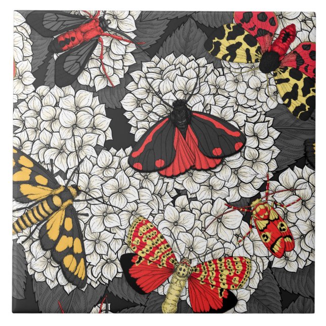 Moths on white hydrangea ceramic tile (Front)