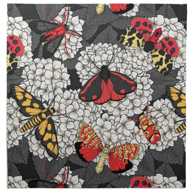 Moths on white hydrangea cloth napkin (Front)