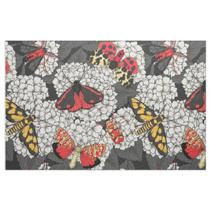 Moths on white hydrangea fabric