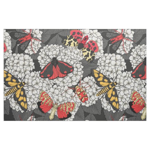 Moths on white hydrangea fabric