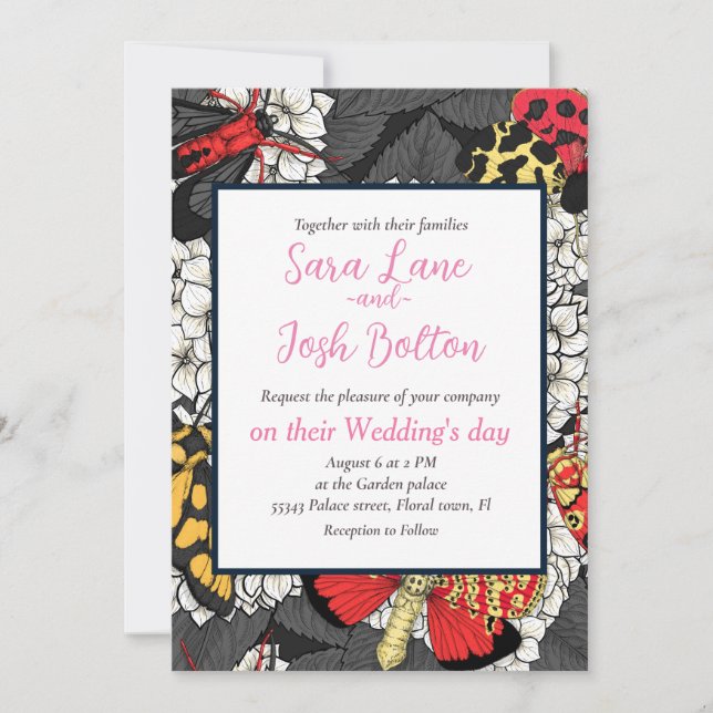Moths on white hydrangea invitation (Front)