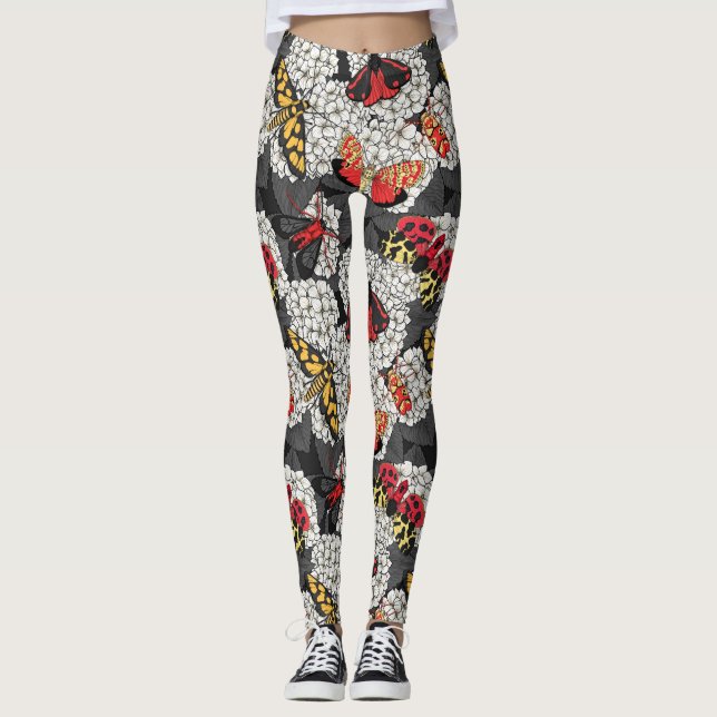 Moths on white hydrangea leggings (Front)