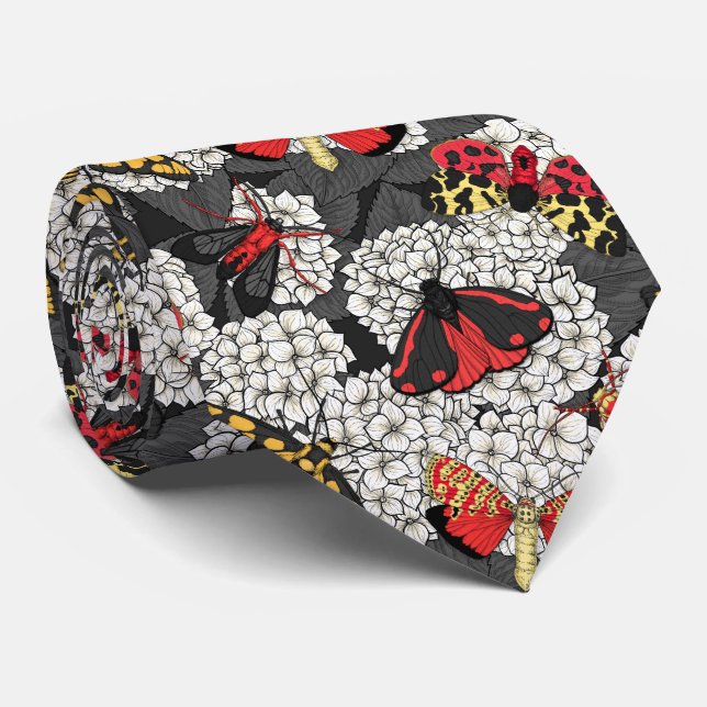 Moths on white hydrangea neck tie (Rolled)