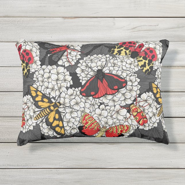 Moths on white hydrangea outdoor pillow (Front)