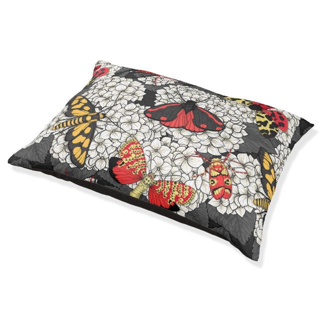 Moths on white hydrangea pet bed (Angled)