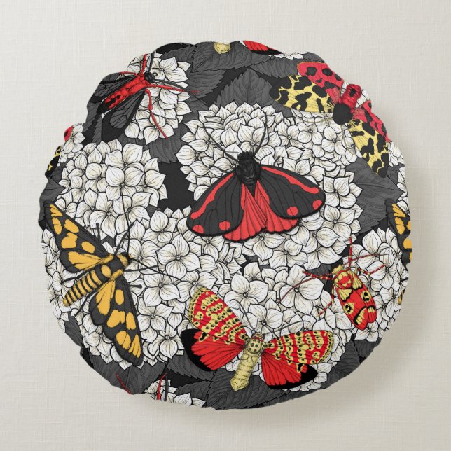 Moths on white hydrangea round pillow (Front)