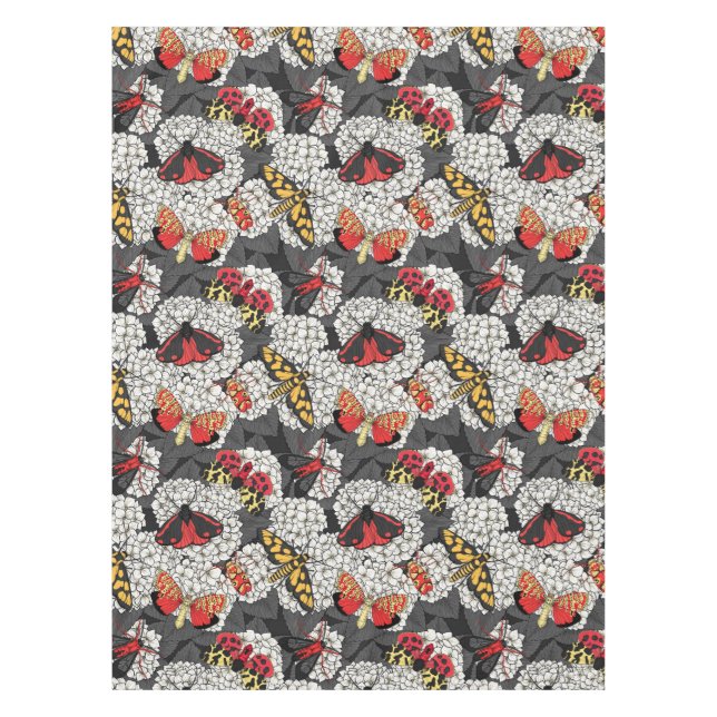 Moths on white hydrangea tablecloth (Front)