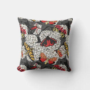 Moths on white hydrangea throw pillow