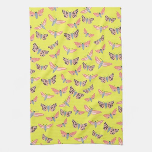 Moths Pattern Pink Blue Lime Lemon Kitchen Towel