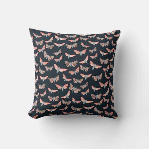 Moths Pattern Pink Blue Navy Throw Pillow