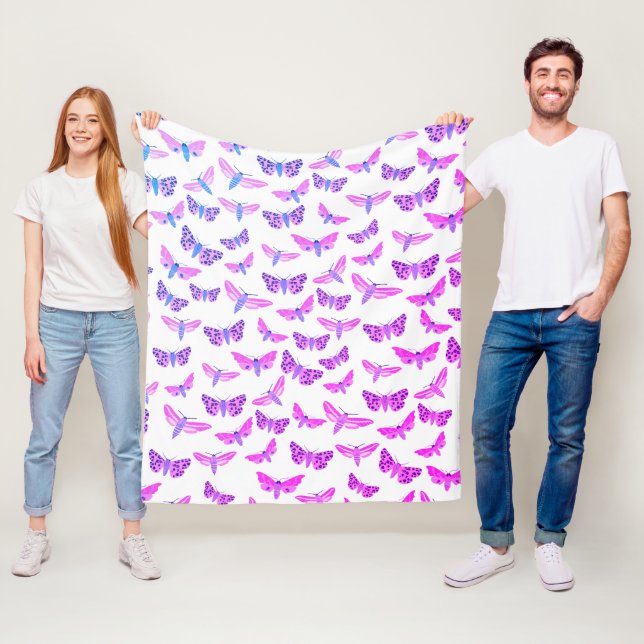 Moths Pattern Pink Blue Purple Fleece Blanket (In Situ)