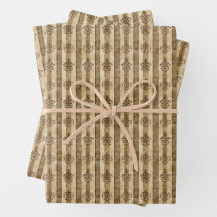 Motifs on Stripes on Brown & Beige Wrapping Paper Sheets